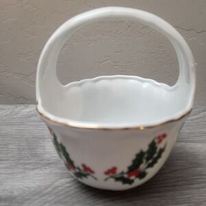 Vintage Christmas Holly Candy Dish Fine Porcelain Japan Basket Gold Trim Holiday